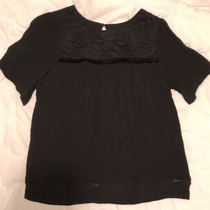 Black Short Sleeve Top with Lace and Fringe Detail